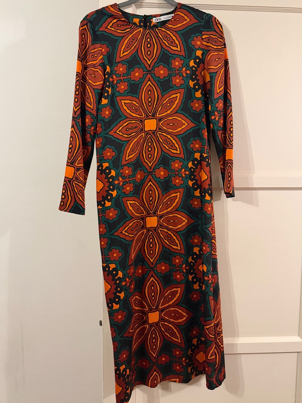 Zara Teal and Orange Floral Long-Sleeve Midi Dress
